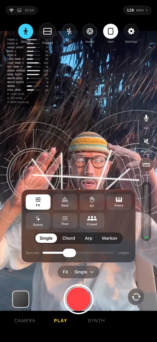 Play mode with hand tracking driving the synth